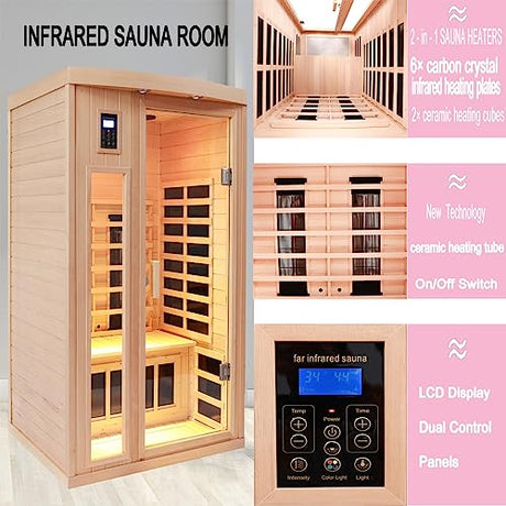 KUNSANA Ceramic Infrared Sauna, 2 Person Infrared Saunas for Home, Hemlock Wood Sauna Room, 2 in 1 Indoor Sauna with Low EMF Heaters + Ceramic Heating Cubes-Chromotherapy-Bluetooth Speaker KUNSANA