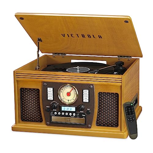 Victrola 8-in-1 Bluetooth Record Player & Multimedia Center, Built-in Stereo Speakers - Turntable, Wireless Music Streaming, Real Wood | Oak - WoodArtSupply