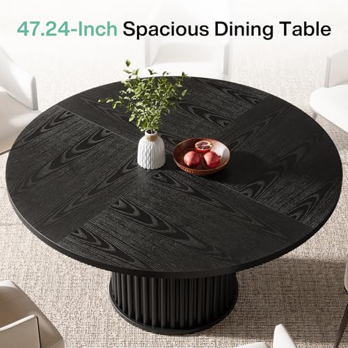 Tribesigns 47.24-Inch Black Round Dining Table for 4-6 People, Modern Fluted MDF + Metal Base Kitchen Table, Sturdy Circle Dining Room Furniture, Black Tribesigns