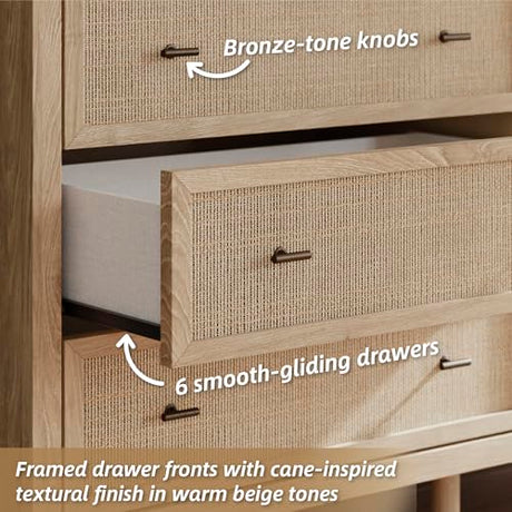 Signature Design by Ashley Cielden Coastal 6-Drawer Dresser, Bronze-Tone Knobs, Safety Stop, Textured Cane Details, 62.01" W x 19.65" D x 35.67" H, Light Brown Signature Design by Ashley