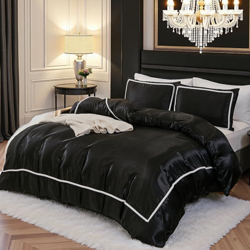 Herside Black Satin Comforter Set 7 Pieces King Size Bed in a Bag Luxurious Satin Bedding Set with Comforter Pillowcases and Sheets Sets Mini Pompoms Design Super Soft Silky Bed Set for All Seasons Herside