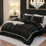 Herside Black Satin Comforter 7-Piece Queen Size Bed in a Bag Luxury Polyester Satin Bedding with Pillowcases, Sheets, Pompoms Design Super Soft Silky Set For All Seasons Herside