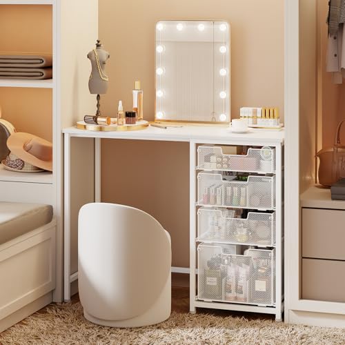 White Vanity Desk with 4 Large Drawers, 40“ Vanity Desk no Mirror, Small Makeup Vanity with Visual Large Capacity Iron Drawer with classification grid, Desks for Home Office Small Space with Storage Hcaauynk