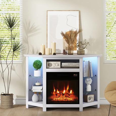 KOTEK Corner Fireplace TV Stand, TV Console with Fireplace Insert Heater & 16-Color LED Lights, 3 Brightness, Remote & APP Control, Electric Fireplace Entertainment Center for TVs Up to 50” (White) KOTEK