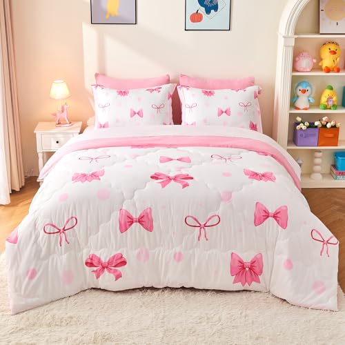 Wajade 7 Piece Pink Bow Bedding Set for Girls Kids Twin Size Comforter Set with Sheet and 2 Pillowcases 2 Pillow Shams Cute Girls Bed in a Bag as Birthday Choice Wajade