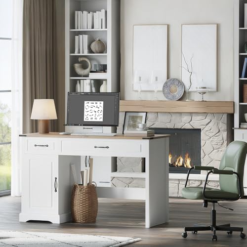 IDEALHOUSE Farmhouse 47" Executive Desk, Computer Desk with Drawers and Storage Cabinet, Home Office Desk for Work and Study, Rustic Workstation Computer Desks or Bedroom, Living Room, Antique White IDEALHOUSE