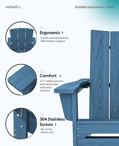 SERWALL Modern Adirondack Chair, Oversized Folding Adirondack Chair with Curved Backrest, All Weather Resistant Outdoor Adirondack Chair Set, Blue - WoodArtSupply