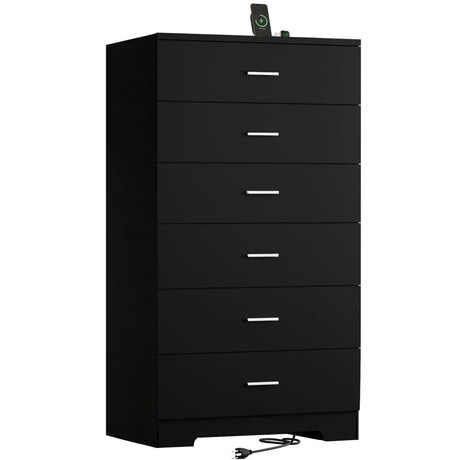 AXCIGOC 48" Tall Dresser for Bedroom Chest of Drawers with Power Outlets Wood 6 Drawers Dresser with Large Storage Space and Metal Handles Modern Closet Storage Drawer for Living Room Hallway Black AXCIGOC