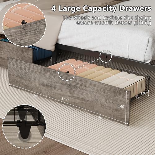 VINGLI Twin Platform Set of 2 with 4 Storage Drawers and Headboard Shelf, Metal Single Bed Frame with LED Lights and Charging Station, No Box Spring Needed, Easy Assembly, Wash Grey VINGLI