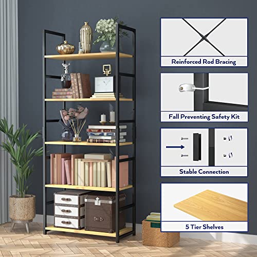 NUMENN 5-Tier Modern Bookshelf - Stylish Storage Organizer for Home & Office in Natural Finish NUMENN