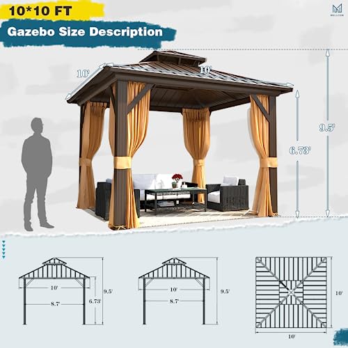 MELLCOM 10'x10' Hardtop Gazebo, Galvanized Steel Metal Double Roof Aluminum Gazebo with Curtain and Netting, Brown Permanent Pavilion Gazebo for Patio, Lawn & Garden - WoodArtSupply