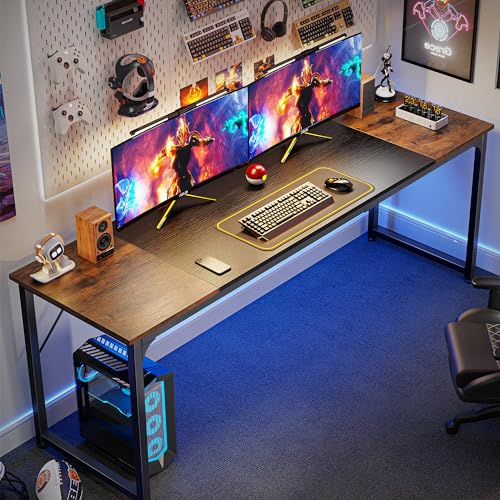 Huuger Computer Desk, 80 Inch Office Desk, Gaming Desk with Storage, Writing Desk Work Desk for Home Office, Study, Long Simple Desk, Large Legroom, Metal Frame, Rustic Brown and Black Huuger