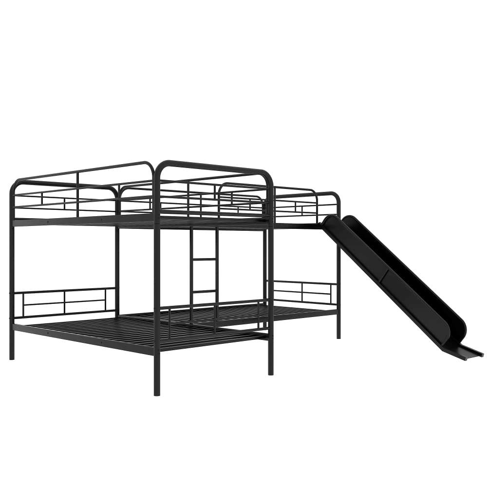 DNChuan Quad Bunk Beds,Metal L-Shaped with Slide and Ladder,Twin Size Bunk Beds for 4 - Black DNChuan