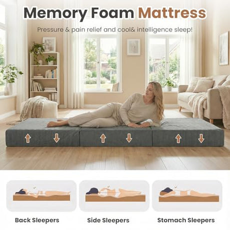 Erament 6-Inch Tri-Fold Mattress Full Size, Covertible Bed Floor Futon Mattress with Handles & Non-Slip Bottom, Foldable Mattress with Removable Tufted for Guest, Camping, Dorm Erament