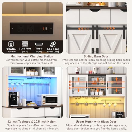 72" Farmhouse Bar Cabinet w/ 60000-color LED Lights,Outlet,Sliding Barn Door,Large Coffee Bar w/Hutch,Wine & Glasses Rack,4 Drawers,12 Shelves,Kitchen Buffet Sideboard for Kitchen,Dining Room chartustriable
