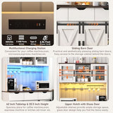 72" Farmhouse Bar Cabinet w/ 60000-color LED Lights,Outlet,Sliding Barn Door,Large Coffee Bar w/Hutch,Wine & Glasses Rack,4 Drawers,12 Shelves,Kitchen Buffet Sideboard for Kitchen,Dining Room chartustriable