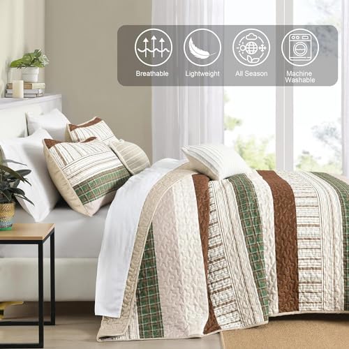 DJY Striped Quilt Set Twin Size, Boho Brown Green Striped Bedspread Coverlet Set Soft Microfiber Patchwork Quilt Bedding Set 3 Pieces for All Season(86"x68") DJY