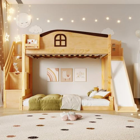 Merax Twin Over Full Bunk Bed with Slide and Staircase, Storage Shelf and Wardrobe, Kids Wood Loft Bunk Bed with House Design Safety Guardrail, Space Saving Kid Bunkbeds, Natural Merax
