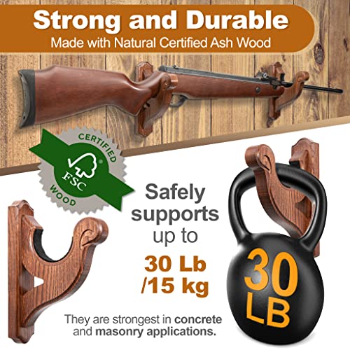 TESLYAR Gun Rack Wall Mount Hold Up Displays Horizontal Gun Rack and Shotgun Hooks Store Rifle Shotgun Bow Real Hardwood Hanger Brown - WoodArtSupply