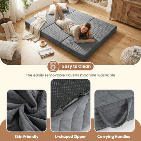 Erament 6-Inch Tri-Fold Mattress Full Size, Covertible Bed Floor Futon Mattress with Handles & Non-Slip Bottom, Foldable Mattress with Removable Tufted for Guest, Camping, Dorm Erament