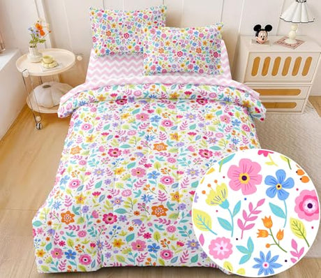 SIRDO Twin Comforter Set - Cute Colorful Floral Bedding Comforter Sets, Gifts for Girls, 5 Pieces, Soft Reversible Botanical Flowers Comforter with Chevron Sheets and 2 Pillow Sham SIRDO