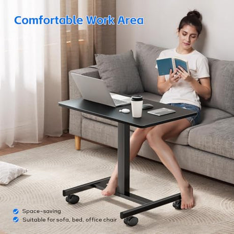 CROWNFURN Mobile Small Standing Rolling Desk Adjustable Height, Portable Laptop Desk on Wheels, Workstation for Home Office with Hook,Black CROWNFURN