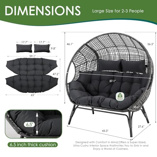 NICESOUL® Double Egg Chair Indoor Outdoor Stationary Oversized Thicken Padded Cushions,2 Person Egg Loveseat Chair,680 lbs Extra Large Lounge Chair for Patio Balcony Porch Backyard Gray NICESOUL