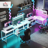 HOMCOM Gaming Desk, 62" L Shaped Desk with Power Outlets & LED Lights, 86" 2 Person Computer Table with Shelf & Rolling CPU Stand, Reversible Corner Office Table with Hutch, White HOMCOM