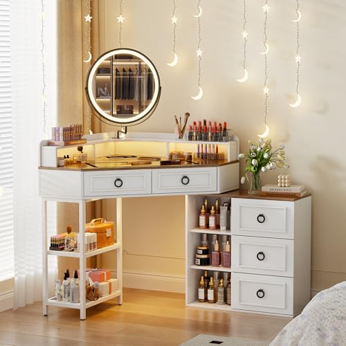 MDGC Corner Vanity Desk with Rotating Mirror and Lights,Glass Top Makeup Vanity with Human Body Senor&Charging Station,LED Vanity Table Set with 5 Drawers and Shelves for Bedroom MDGC