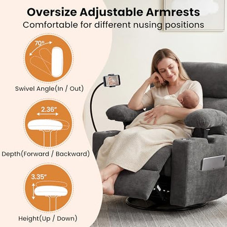 FiveWillowise Power Rocking Chair Nursery with Adjustable Armrests&Headrest, Glider Recliner Chair, Swivel Reading Chair with Electric Lumbar Support, Cup Holder, Nightlight and USB Ports, Grey FiveWillowise