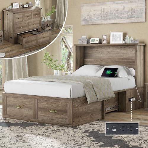 AMERLIFE Twin Size Murphy Bed, Farmhouse Wooden Cabinet with Charging Station and Storage Drawer for Bedroom/Office/Guest Room, Grey Oak AMERLIFE
