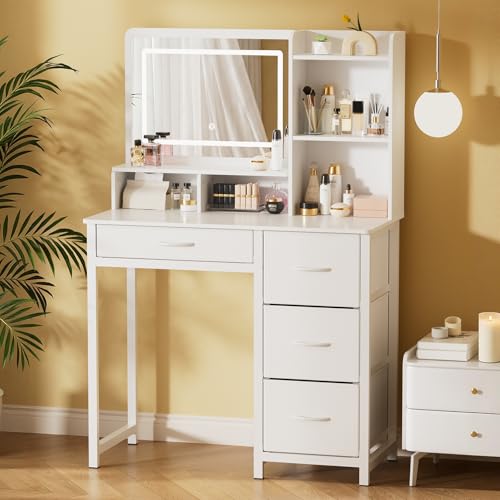Kitsure Vanity Desk with Mirror and Lights - Large Capacity Makeup Vanity with 4 Fabric Storage Drawers & 3 Lighting Modes, Vanity Table Set with Sturdy Metal Frame for Bedroom, White, 35" x 17" x 52" Kitsure