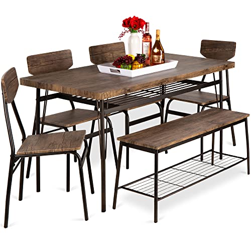 Best Choice Products 6-Piece 55in Modern Dining Set for Home, Kitchen, Dining Room w/Storage Racks, Rectangular Table, Bench, 4 Chairs, Steel Frame - Brown Best Choice Products