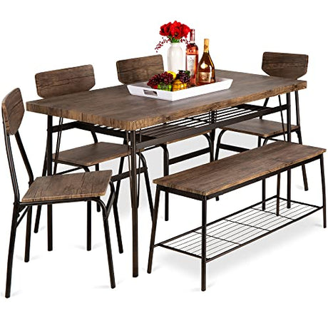 Best Choice Products 6-Piece 55in Modern Dining Set for Home, Kitchen, Dining Room w/Storage Racks, Rectangular Table, Bench, 4 Chairs, Steel Frame - Brown Best Choice Products