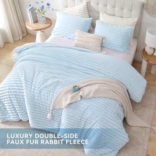 Smoofy Fluffy Full Size Comforter Sets 3 Pieces - Light Blue Fleece Fluffy Comforter Set, Luxury Fuzzy Full Bed Set, Soft Comforter Full Size All Season, Heavy Faux Fur Comforter with 2 Pillow Cases Smoofy