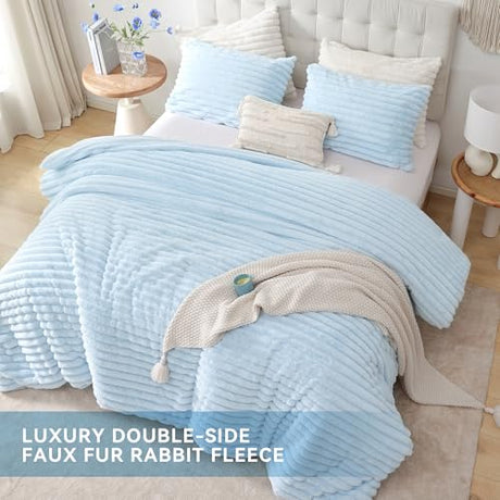 Smoofy Fluffy Full Size Comforter Sets 3 Pieces - Light Blue Fleece Fluffy Comforter Set, Luxury Fuzzy Full Bed Set, Soft Comforter Full Size All Season, Heavy Faux Fur Comforter with 2 Pillow Cases Smoofy