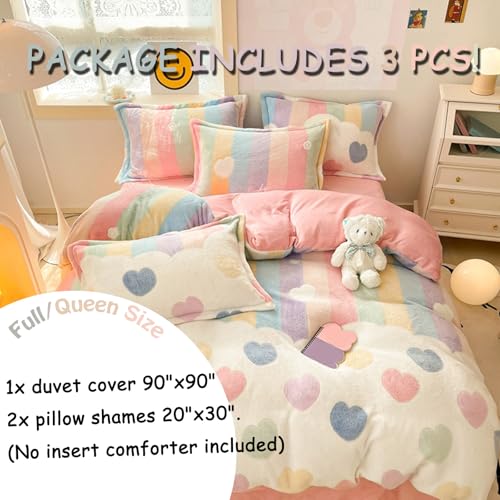 MorroMorn Pink Duvet Cover Queen, Rainbow Bedding Sets, Fluffy Comforter Covers Set, Down Alternative Blanket Ultra Soft Kawaii Cute for Girls Kids Teen Women Full Double Size MorroMorn