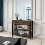 HITHOS Industrial Console Table with Drawers, Vintage Hallway Foyer Table with Storage Shelves, Narrow Long Sofa Entryway Table for Living Room, Dark Brown HITHOS