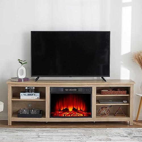 Amerlife Fireplace TV Stand, Wood Texture Entertainment Center with 23" Electric Fireplace, Farmhouse Entertainment Stand Media TV Console for TVs Up to 80", 70 inches, Natural Oak AMERLIFE