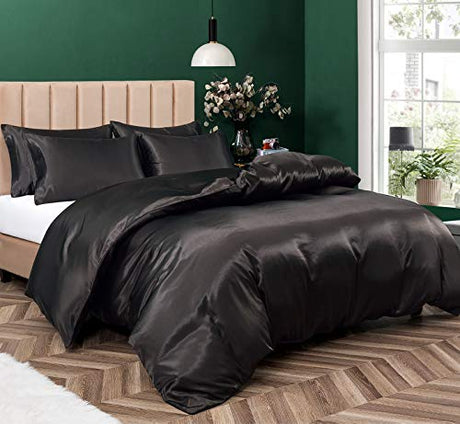 P Pothuiny Satin Duvet Cover Full/Queen, Single Soft Duvet Cover Only, Luxury Silky Like Black Duvet Cover 90" x 90" Sold Separately - Zipper Closure & Corner Ties P Pothuiny