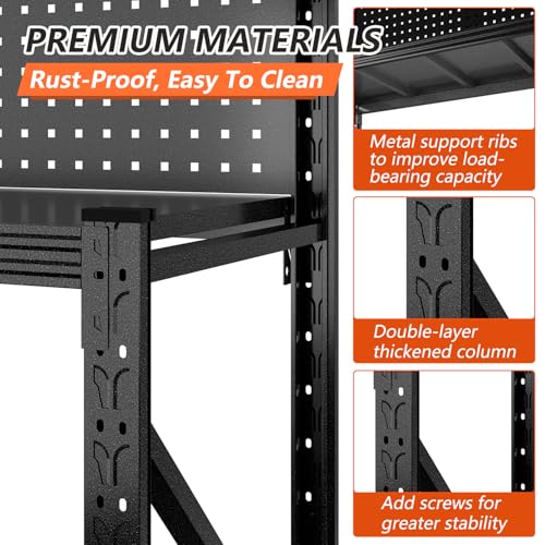 Widened Heavy Duty Workbench with Pegboard, 3000LBS Capacity Work Table with Reinforce Stable Side Beams, Metal Workstation for Garage Warehouse Workshop Office, 47.2" H x 47.2" W x 18.9" D, Black Jaqiumn