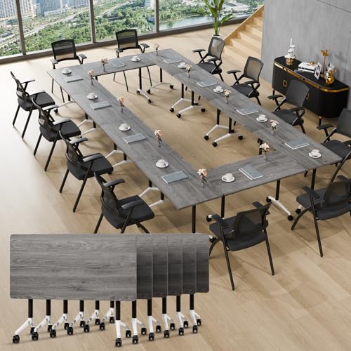 6Pack Mobile Conference Table Modular Meeting Training Tables Foldable Conference Room Tables with Wheels Modern Large Folding Office Table with Flip Top Desktop for 4-16 (6, Grey, 47in) YLMYXB