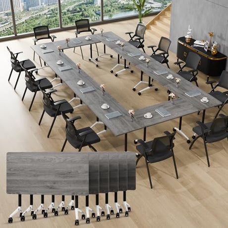 6Pack Mobile Conference Table Modular Meeting Training Tables Foldable Conference Room Tables with Wheels Modern Large Folding Office Table with Flip Top Desktop for 4-16 (6, Grey, 47in) YLMYXB