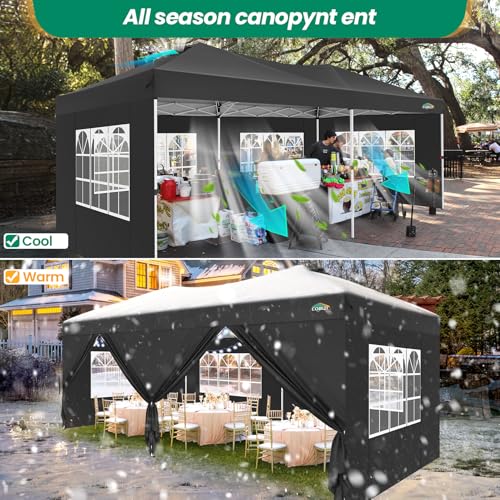 COBIZI Canopy 10x20 Pop Up Canopy Tent with 6 Sidewalls, One Push Party Tents for Parties Outdoor Wedding Waterproof Gazebo Commercial Event Tent with Sandbags, Black COBIZI