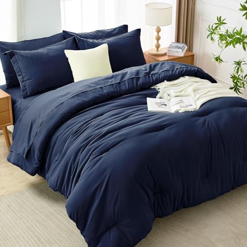MUXHOMO 7 Pieces Queen Comforter Set, Soft Bed in a Bag Queen Size, All Season Bedding Set with Comforter, Flat Sheet, Fitted Sheet, Pillowcases & Shams, Navy Blue MUXHOMO
