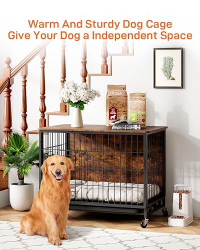 Dog Crate Furniture, 2024 New Furniture Style Dog Crate with Removable Tray and Wheels, Heavy-Duty Double-Doors Dog Cage End Table, 27.2" Wooden Dog Kennel, Indoor Dog House for Large Dogs, Brown GAOMON