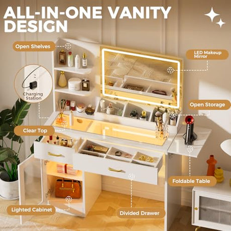 COMHOMA Vanity Desk with Mirror and Lights, Makeup Vanity with 3-Color LED, Transparent Top and RGB Drawers, White Desk with Open Shelves and Glass Cabinet, Built-in Power Outlet & Foldable Tabletop COMHOMA