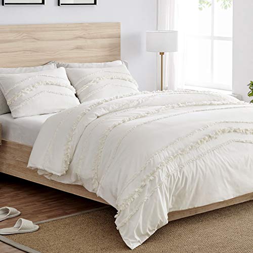 Bohemian Boho Chic Ivory Macrame Tufted Tassel 3 pc. Full / Queen Size Bed Bedding Set Duvet Comforter Cover Sham Solid Cream Textured Minimalist Off White Cotton Fringe Farmhouse Indie Neutral Rustic KB & Me