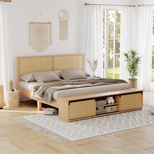 GarveeHome Natural Rattan King Size Bed Frame with Sliding Barn Door Storage Cabinets and Headboard, Boho Farmhouse Wood Platform Bed with Solid Wood Legs Support, No Box Spring Needed GarveeHome