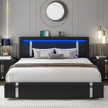 Keyluv Modern King Size Bed Frame with RGB LED Lights, USB Ports & Storage Drawers in Black - WoodArtSupply